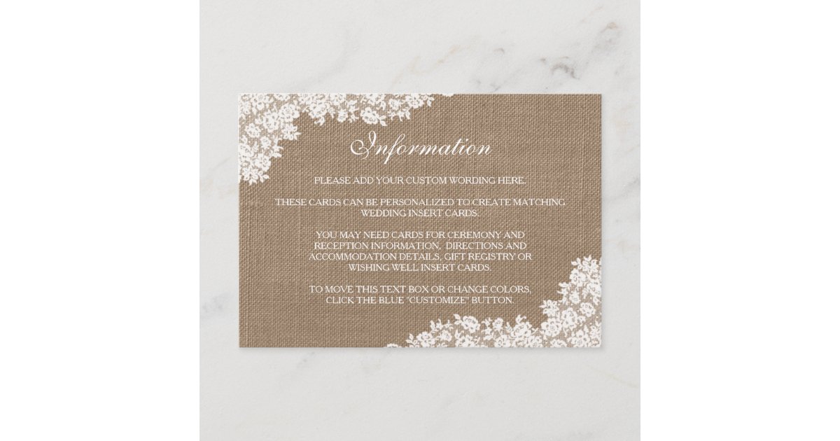 The Rustic Burlap & Vintage White Lace Collection Enclosure Card | Zazzle