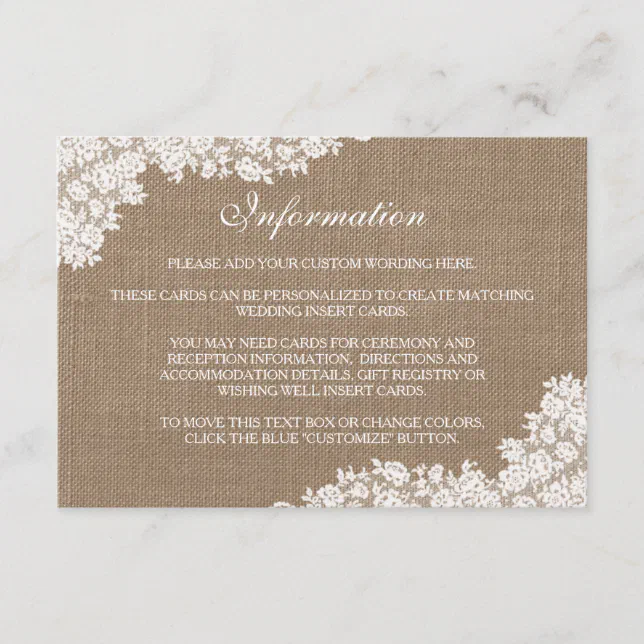 The Rustic Burlap & Vintage White Lace Collection Enclosure Card | Zazzle