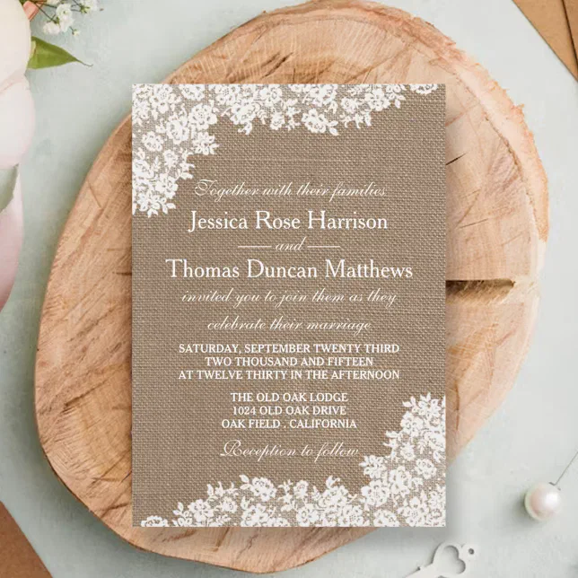 The Rustic Burlap & Vintage White Lace Collection Invitation | Zazzle