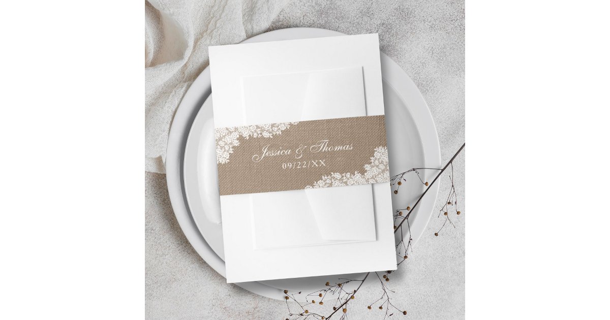 The Rustic Burlap & Vintage White Lace Collection Invitation Belly Band ...