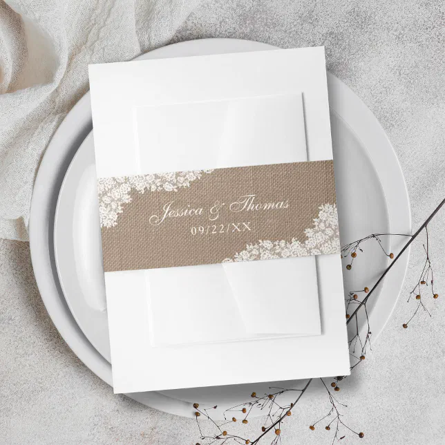 The Rustic Burlap & Vintage White Lace Collection Invitation Belly Band ...