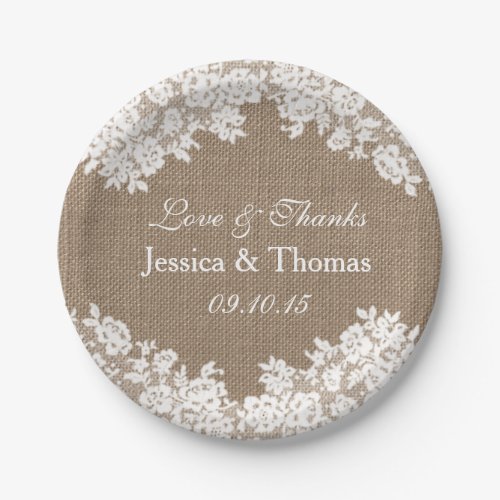 The Rustic Burlap  Vintage White Lace Collection Paper Plates