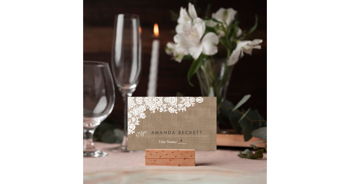The Rustic Burlap & Vintage White Lace Collection Place Card | Zazzle