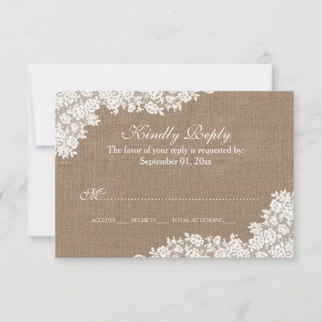 The Rustic Burlap & Vintage White Lace Collection RSVP Card | Zazzle