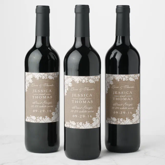 The Rustic Burlap & Vintage White Lace Collection Wine Label | Zazzle