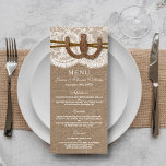 The Rustic Horseshoe Wedding Collection Menu Card<br><div class="desc">The rustic horseshoe collection is a stunning design featuring a lovely rustic burlap effect background with a romantic vintage white lace effect trim finished with two lucky intertwined horseshoes and twine. These menu cards can be personalized for your special occasion and would make the perfect template for a rustic wedding...</div>