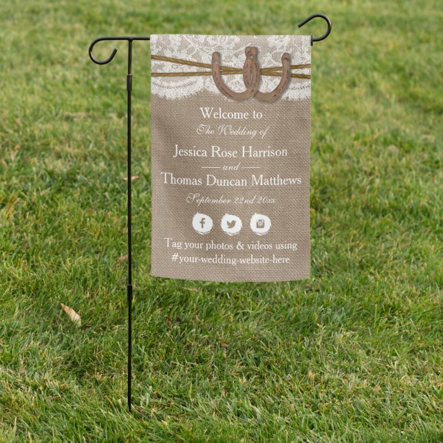 The Rustic Horseshoe Wedding Collection Welcome Garden Flag (In SItu)