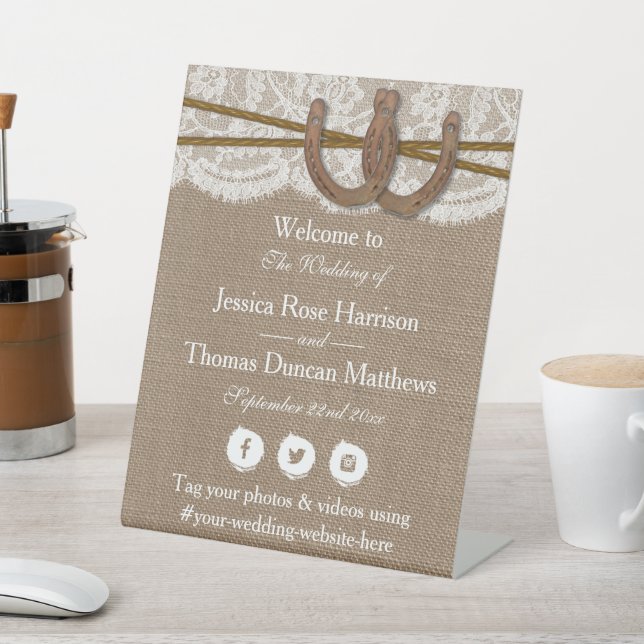 The Rustic Horseshoe Wedding Collection Welcome Pedestal Sign (In SItu)