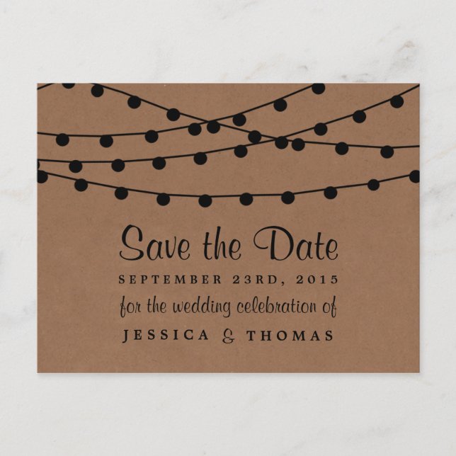 The Rustic Kraft String Lights Wedding Collection Announcement Postcard (Front)