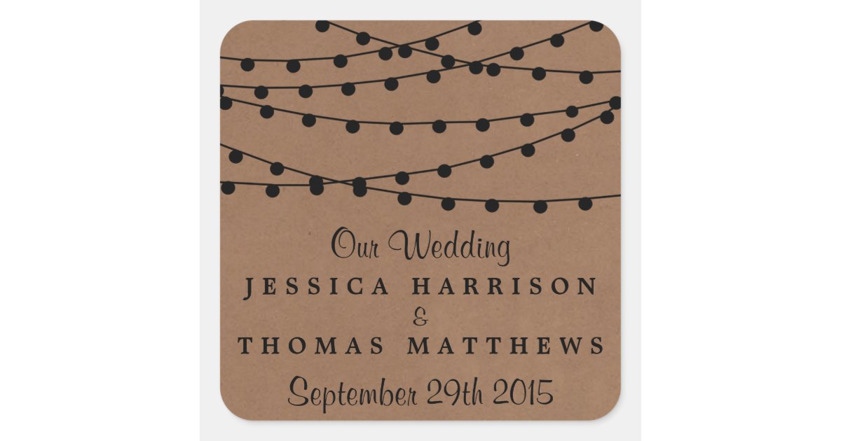 The Rustic Kraft String Lights Wedding Collection Square Sticker | Zazzle