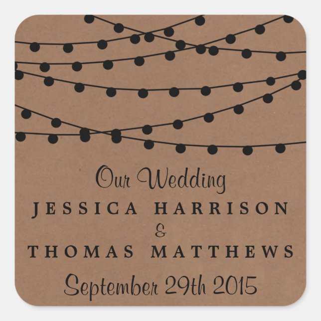 The Rustic Kraft String Lights Wedding Collection Square Sticker (Front)