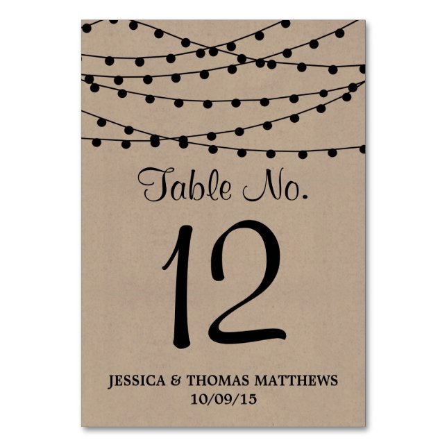 The Rustic Kraft String Lights Wedding Collection Table Number (Front)