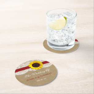 The Rustic Kraft Sunflower Wedding Collection Round Paper Coaster
