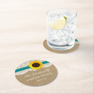 The Rustic Kraft Sunflower Wedding Collection Round Paper Coaster