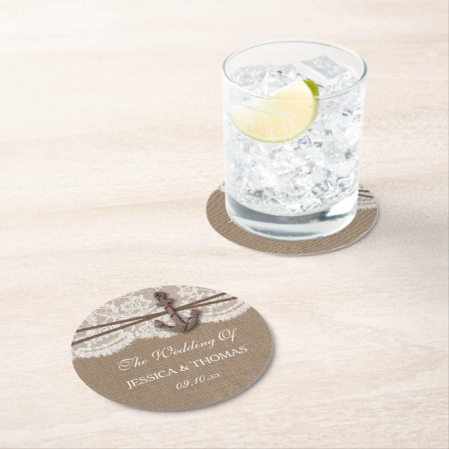 The Rustic Nautical Anchor Wedding Collection Round Paper Coaster (Insitu)
