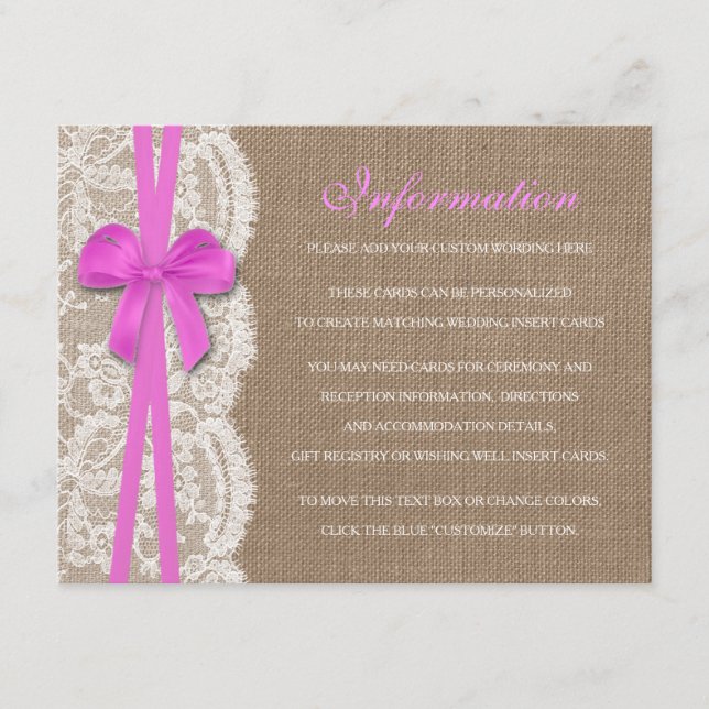 The Rustic Pink Bow Wedding Collection Detail Enclosure Card (Front)