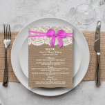 The Rustic Pink Bow Wedding Collection Menu Card<br><div class="desc">The rustic pink bow wedding collection is a stunning design featuring a lovely rustic burlap effect background with a romantic vintage white lace effect trim and a stunning pink bow. These menus can be personalized for your special occasion and would make the perfect template for wedding menus, bridal shower menus,...</div>