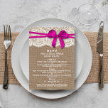 The Rustic Pink Bow Wedding Collection Menu Card<br><div class="desc">The rustic pink bow wedding collection is a stunning design featuring a lovely rustic burlap effect background with a romantic vintage white lace effect trim and a stunning pink bow. These menus can be personalized for your special occasion and would make the perfect template for wedding menus, bridal shower menus,...</div>