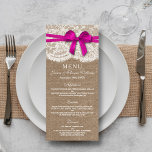 The Rustic Pink Bow Wedding Collection Menu Card<br><div class="desc">The rustic pink bow wedding collection is a stunning design featuring a lovely rustic burlap effect background with a romantic vintage white lace effect trim and a stunning pink bow. These menus can be personalized for your special occasion and would make the perfect template for wedding menus, bridal shower menus,...</div>