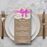 The Rustic Pink Bow Wedding Collection Menu Card<br><div class="desc">The rustic pink bow wedding collection is a stunning design featuring a lovely rustic burlap effect background with a romantic vintage white lace effect trim and a stunning pink bow. These menus can be personalized for your special occasion and would make the perfect template for wedding menus, bridal shower menus,...</div>