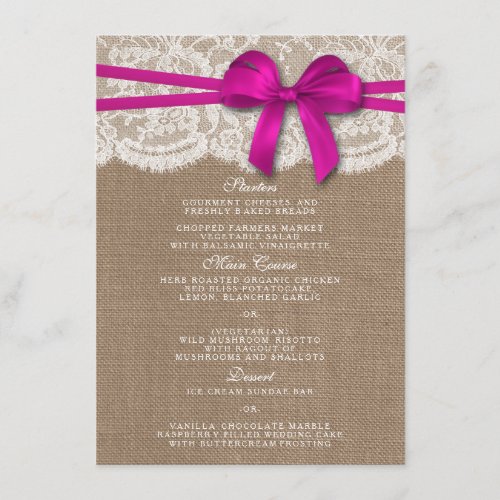 The Rustic Pink Bow Wedding Collection Menu Card