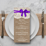 The Rustic Purple Bow Wedding Collection Menu Card<br><div class="desc">The rustic purple bow wedding collection is a stunning design featuring a lovely rustic burlap effect background with a romantic vintage white lace effect trim and a stunning purple bow. These menus can be personalized for your special occasion and would make the perfect template for wedding menus, bridal shower menus,...</div>