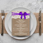 The Rustic Purple Bow Wedding Collection Menu Card<br><div class="desc">The rustic purple bow wedding collection is a stunning design featuring a lovely rustic burlap effect background with a romantic vintage white lace effect trim and a stunning purple bow. These menus can be personalized for your special occasion and would make the perfect template for wedding menus, bridal shower menus,...</div>