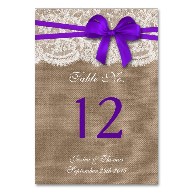 The Rustic Purple Bow Wedding Collection Table Number (Front)