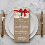 The Rustic Red Bow Wedding Collection Menu Cards<br><div class="desc">The rustic red bow wedding collection is a stunning design featuring a lovely rustic burlap effect background with a romantic vintage white lace effect trim and a stunning red bow. These menus can be personalized for your special occasion and would make the perfect template for wedding menus, bridal shower menus,...</div>