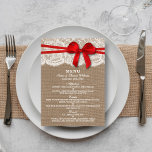 The Rustic Red Bow Wedding Collection Menu Cards<br><div class="desc">The rustic red bow wedding collection is a stunning design featuring a lovely rustic burlap effect background with a romantic vintage white lace effect trim and a stunning red bow. These menus can be personalized for your special occasion and would make the perfect template for wedding menus, bridal shower menus,...</div>