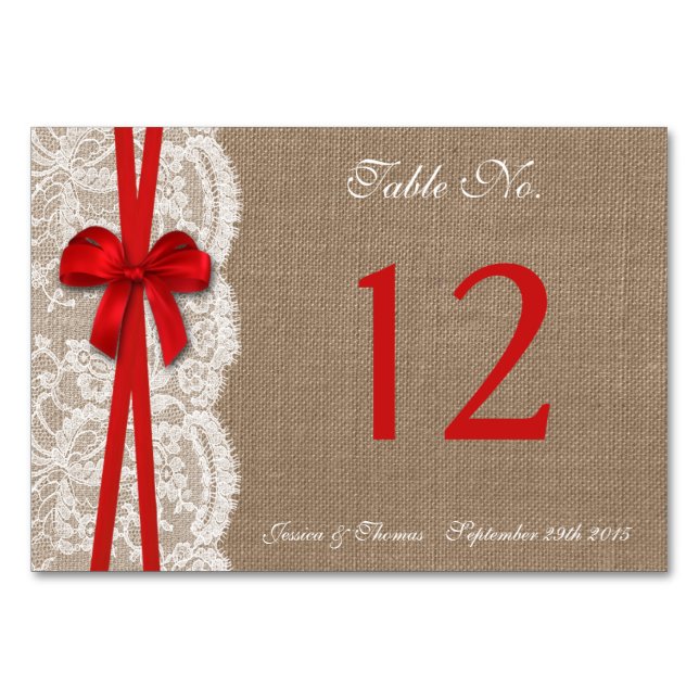 The Rustic Red Bow Wedding Collection Table Number (Front)