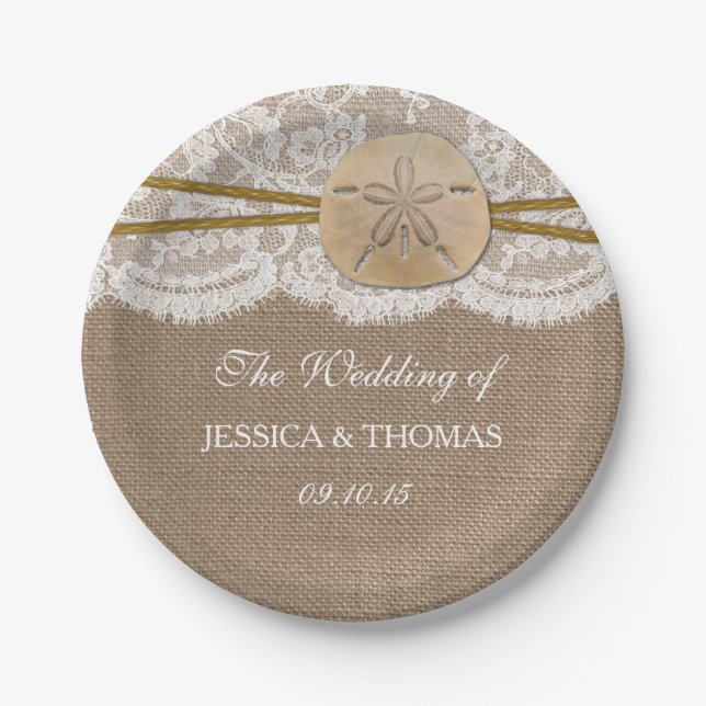 The Rustic Sand Dollar Beach Wedding Collection Paper Plates (Front)