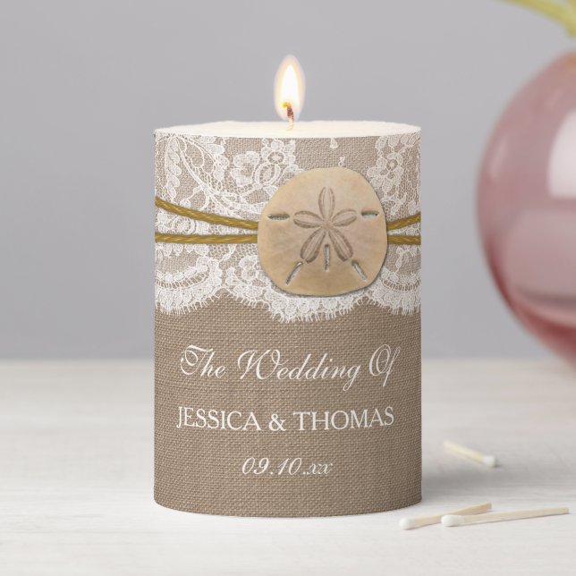 The Rustic Sand Dollar Beach Wedding Collection Pillar Candle (In Situ)