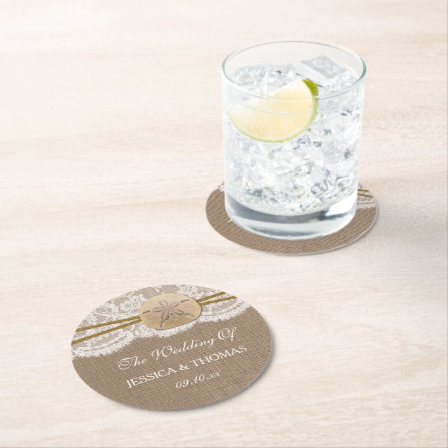 The Rustic Sand Dollar Beach Wedding Collection Round Paper Coaster (Insitu)