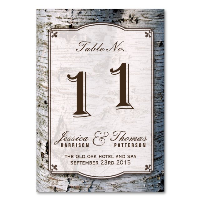 The Rustic Silver Birch Tree Wedding Collection 11 Table Number (Front)