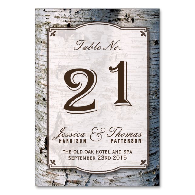 The Rustic Silver Birch Tree Wedding Collection 21 Table Number (Front)