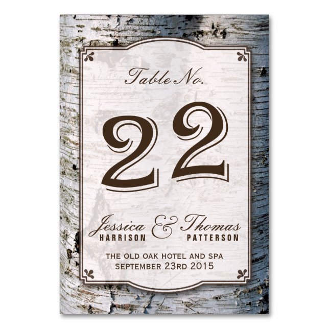 The Rustic Silver Birch Tree Wedding Collection 22 Table Number (Front)