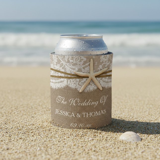 The Rustic Starfish Beach Wedding Collection Can Cooler (Creator Uploaded)