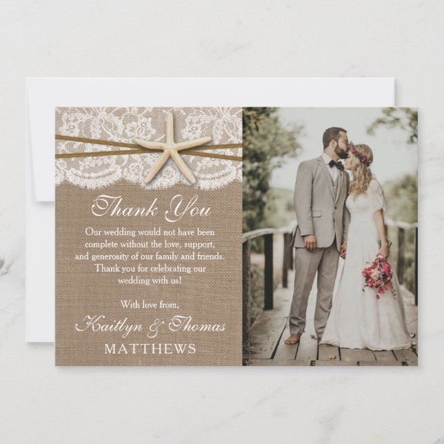 The Rustic Starfish Beach Wedding Collection Photo Thank You Card (Front)