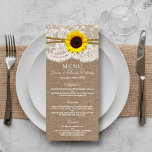The Rustic Sunflower Wedding Collection Menu Card<br><div class="desc">The rustic sunflower collection is a stunning design featuring a lovely rustic burlap effect background with a romantic vintage white lace effect trim finished with a stunning sunflower and twine. These menus can be personalized for your special occasion and would make the perfect template for wedding menus, bridal shower menus,...</div>
