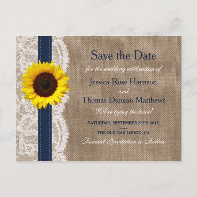 The Rustic Sunflower Wedding Collection - Navy Announcement Postcard (Front)