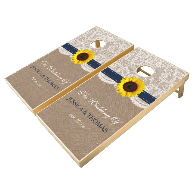 The Rustic Sunflower Wedding Collection - Navy Cornhole Set (Angled)