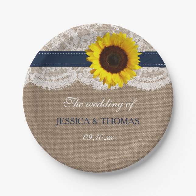 The Rustic Sunflower Wedding Collection - Navy Paper Plates (Front)