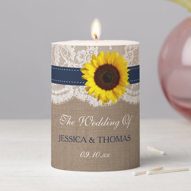 The Rustic Sunflower Wedding Collection - Navy Pillar Candle (In Situ)