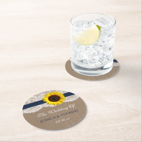 The Rustic Sunflower Wedding Collection _ Navy Round Paper Coaster