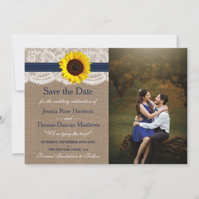 The Rustic Sunflower Wedding Collection - Navy Save The Date (Front)