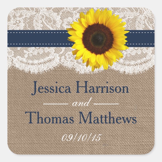 The Rustic Sunflower Wedding Collection - Navy Square Sticker (Front)