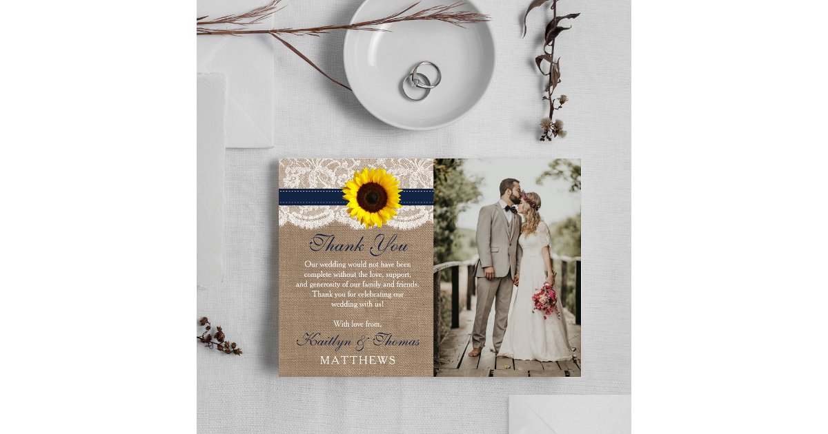 The Rustic Sunflower Wedding Collection - Navy Thank You Card | Zazzle