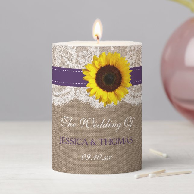 The Rustic Sunflower Wedding Collection - Purple Pillar Candle (In Situ)