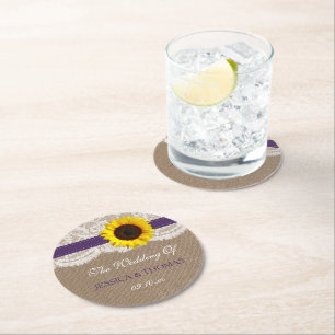 The Rustic Sunflower Wedding Collection - Purple Round Paper Coaster